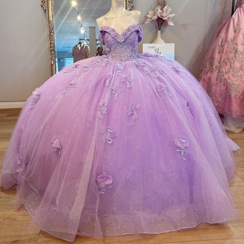 Lavender Lilac Shiny Quinceanera Dresses Off The Shoulder Applique Flower Beading Tull Mexican Sweet 16 Vestidos De XV 15 Anos