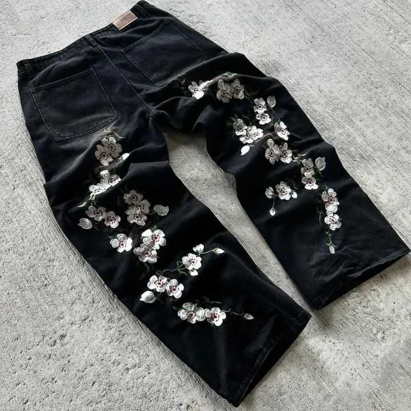 Hip Hop Y2K bagged jeans high-quality street jeans Gothic mens wide leg Harajuku retro cherry blossom jeansT250319