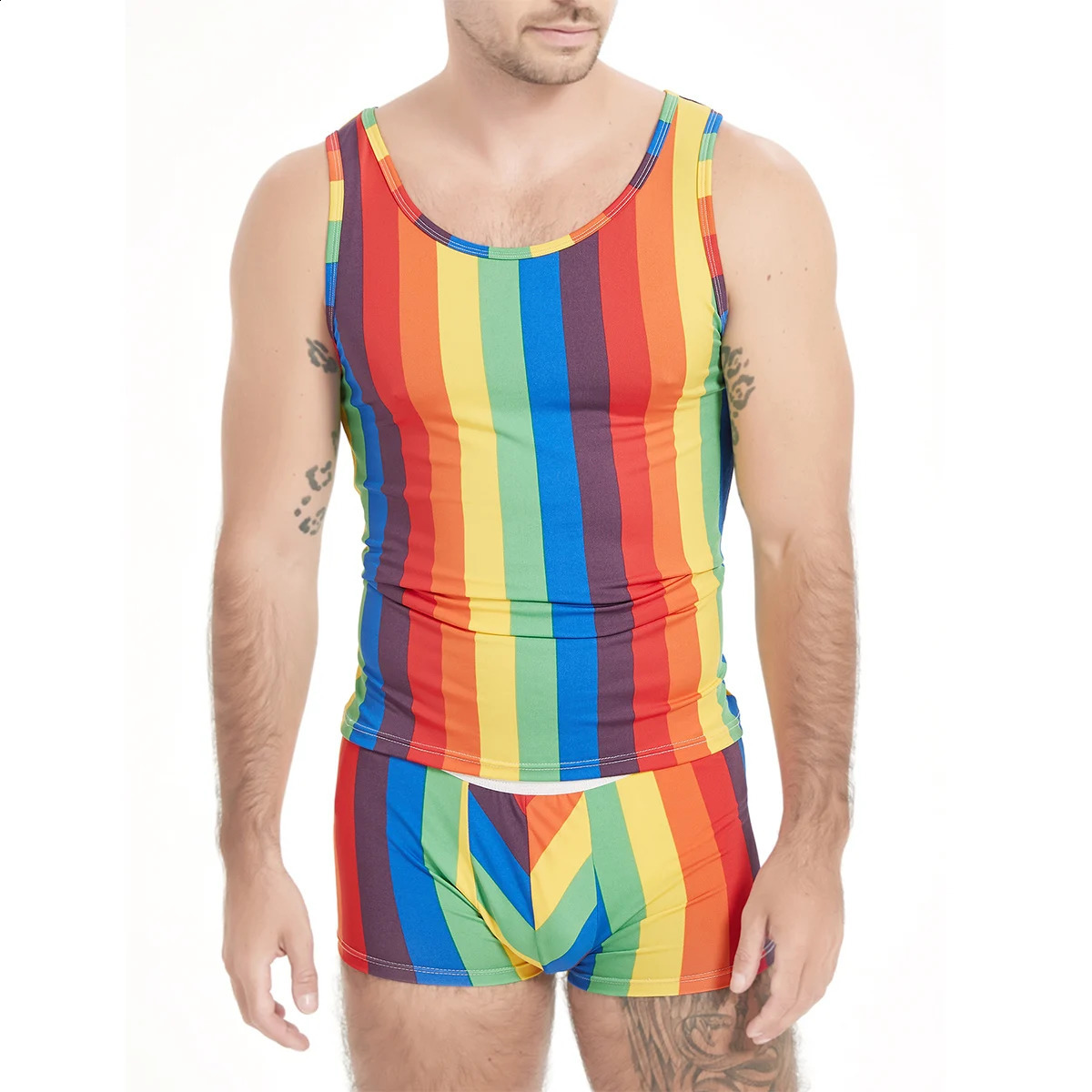 2piece mens rainbow striped pajamas set summer sleeveless sports and fitness home tight sexy shorts 250319