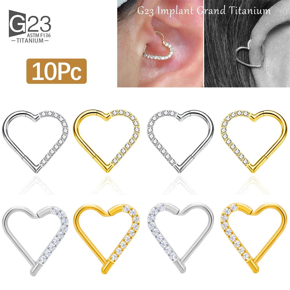 10Pc ASTM F136 Daith Heart Earring Hoop Cartilage Tragus Helix Rings Hinged Segment Hoop with Clear CZ 250228