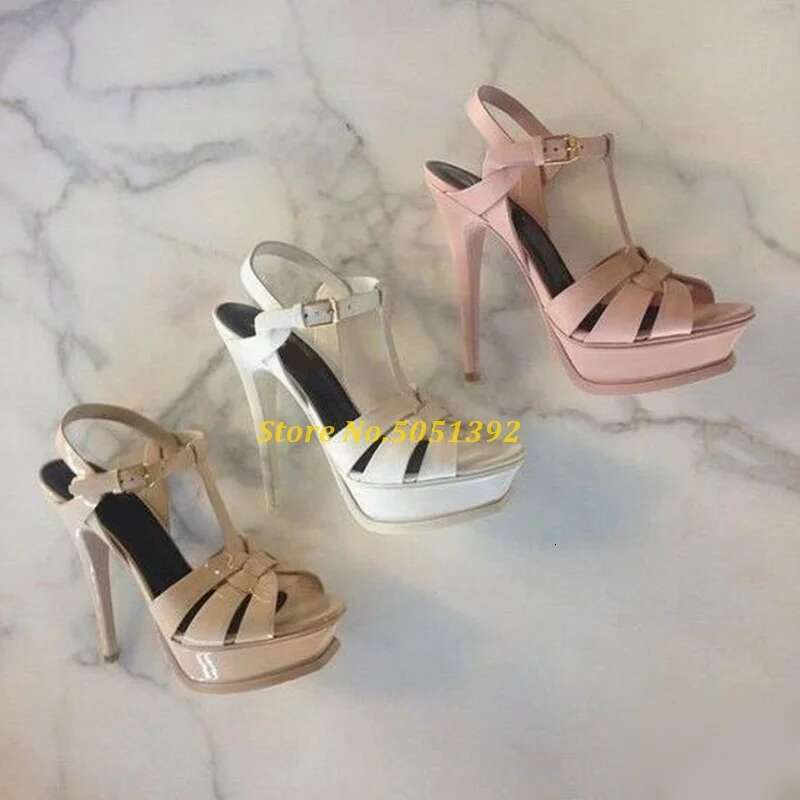 Candy Color Nude Black Patent Leather Cross Strappy Sandal Platform T-Bar High Stiletto Heels Ladies Dress Shoes Bride