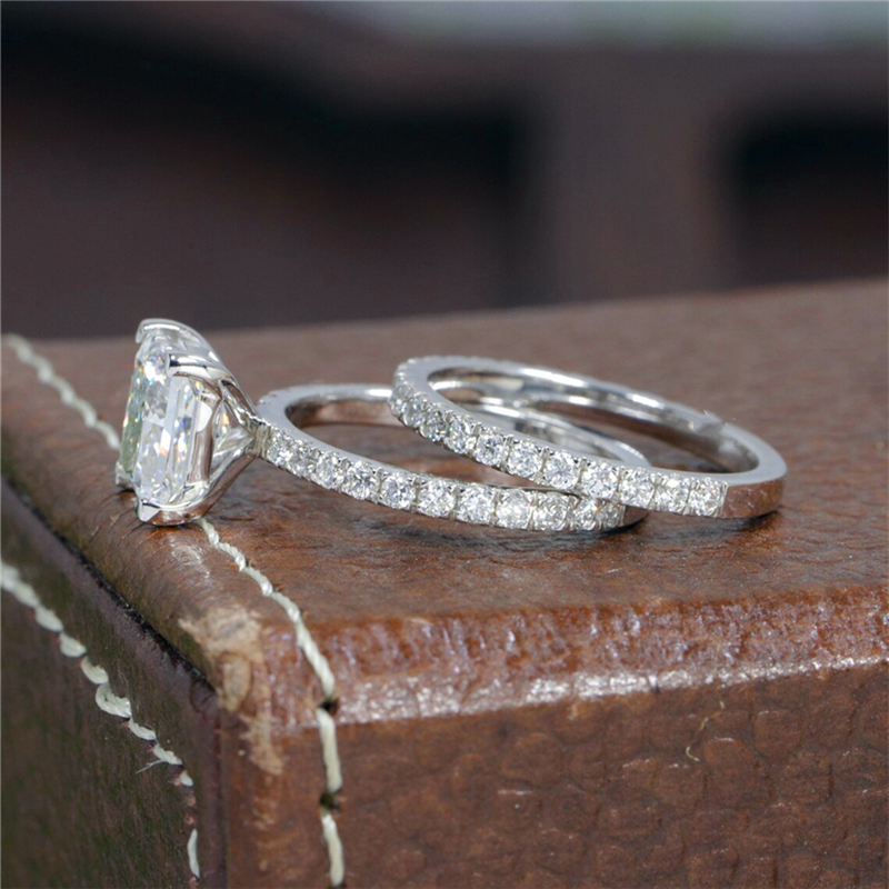Jewelry 14K White Solid Gold Princess Cut 2.0 Carat Lab Diamond Engagement Ring Set Real Gold Ring Eternity Band For Wedding Gift
