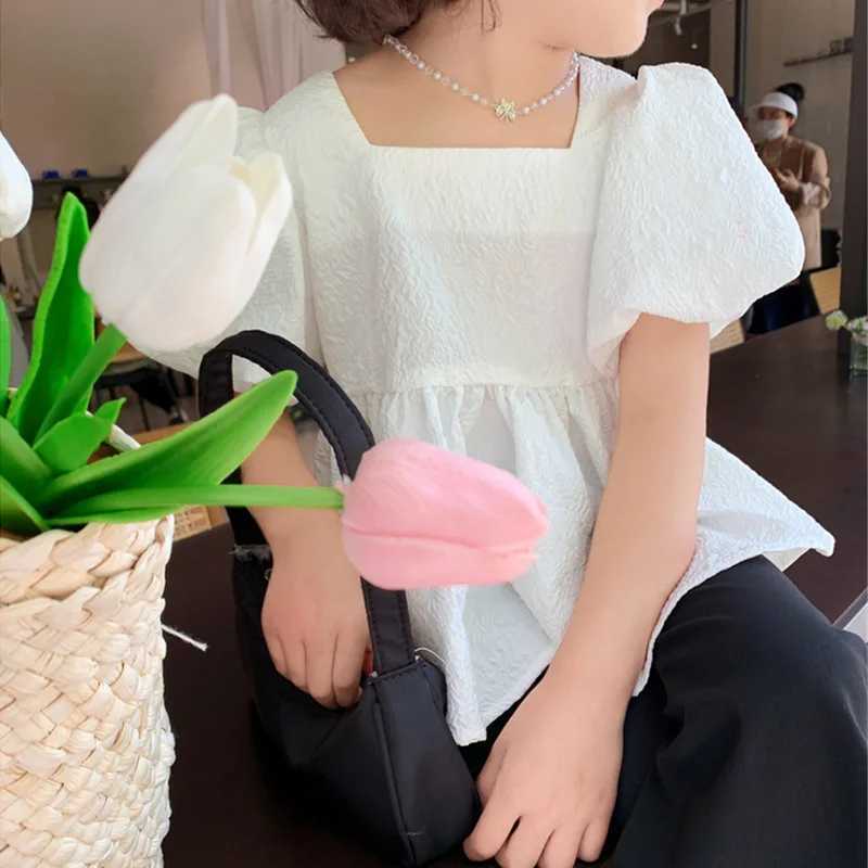 Summer girls short sleeved sweet square neckline bubble backless big bow fashion version short sleeved shirt childrens clothingT250320