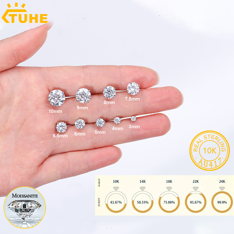 TUHE Unisex Round 6mm-10mm Moissanite Diamond Stud 10k Earrings For Men Women Screw Back Earrings Fine Jewelry