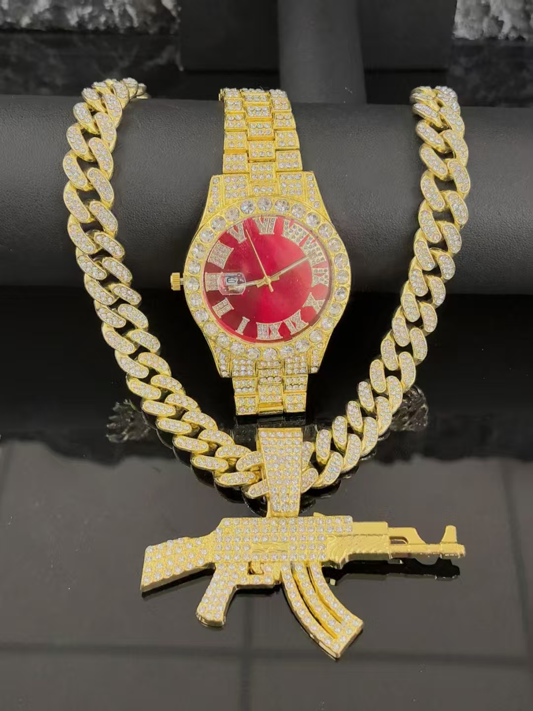 Victorian style gold chain jewelry ruby Roman numerals disc mother-of-pearl set spherical pendant