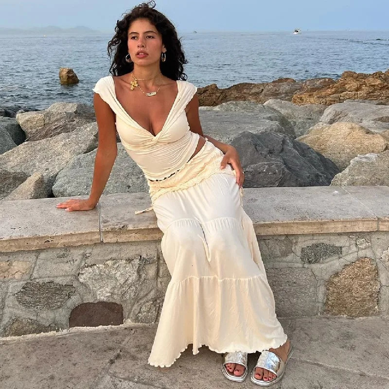 Elegant Solid Knit 2 Piece Sets Fashion Women Slim Ruffle Cake Maxi Skirts French Slash Neck Tops Suit Casual Beach Streetwear 250320