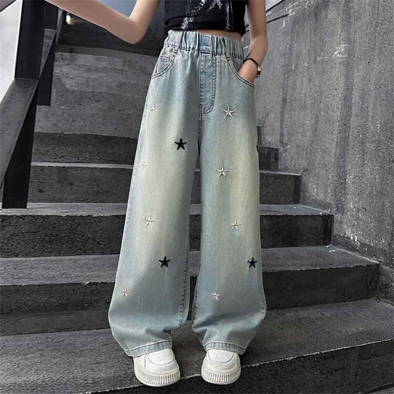 Girls pants for summer thin 5-12 years old 15 years old medium childrens casual loose style little girls denim wide leg pantsT250326