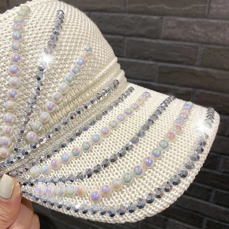 Shining Diamonds Pearls Sun Hats for Women Empty Top Visor Bling Lady Cap Casual Outdoor Sport Cap Summer Beach Sunshade Hat 250320