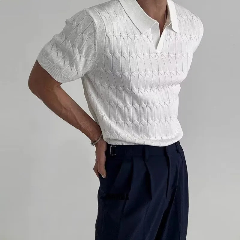 Summer Clothing Mens Knitted Jacquard Skinny Polo Shirt Korean Breathable Leisure V Neck Short Sleeve Knitwear 250319