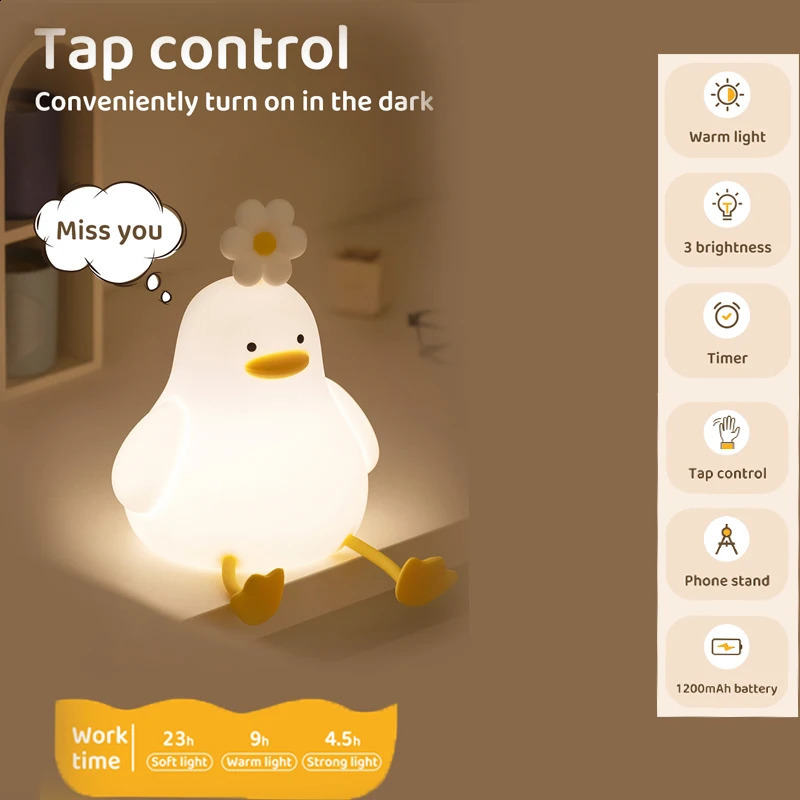 Cute Duck Led Night Light USB Rechargeable Nightlights Silicone Lamp Touch Switch Children Kid Bedroom Decoration Birthday Gift 250319