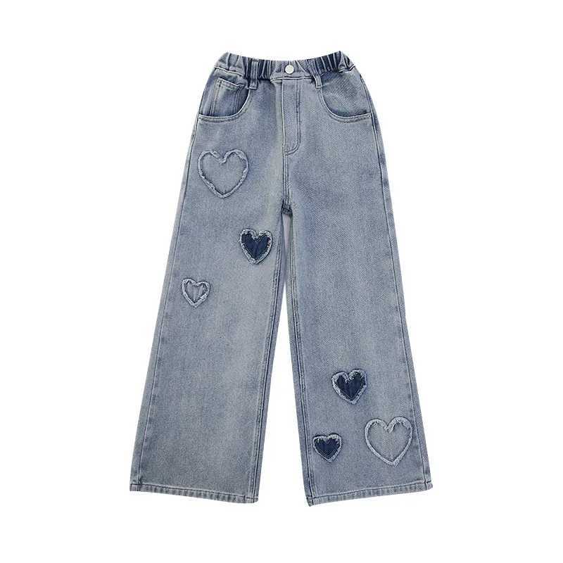 New Fashion Teenager Girls Denim Wide Leg Pants Children Trousers Spring Autumn Love Pattern Girls Jeans 5-14 Years Kids ClothesT250326