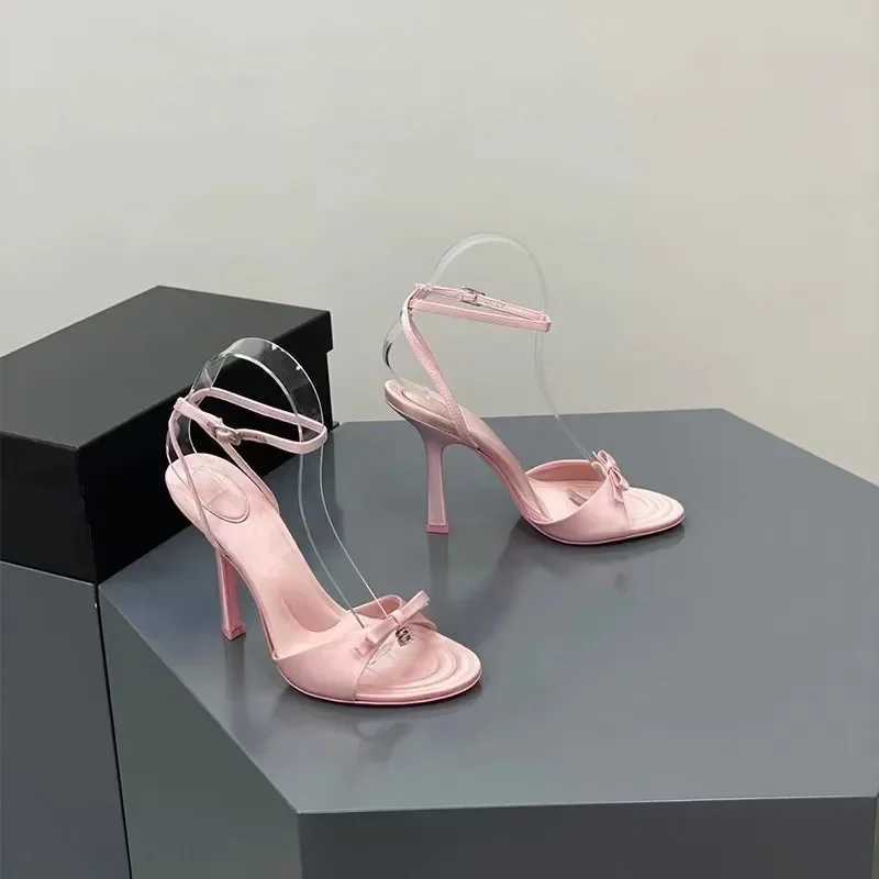 New Summer Bow Satin Heels Feminine Rhinestone Letters Stiletto Heels Open-toe Sandals Black Pink womens shoes sandalsC250319