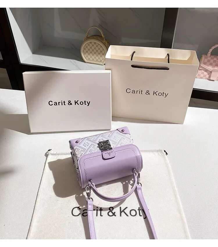 Fashion Purple Color Square Striped Women's Handbag High Quality Textured Leather Casual Lady Purse Crossbody Bag