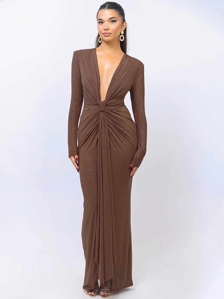 Mozision Glitter Deep Vneck sexy womens long skirt elegant sparkling sleeved Ruched Bodycon Split Club party dress 250317