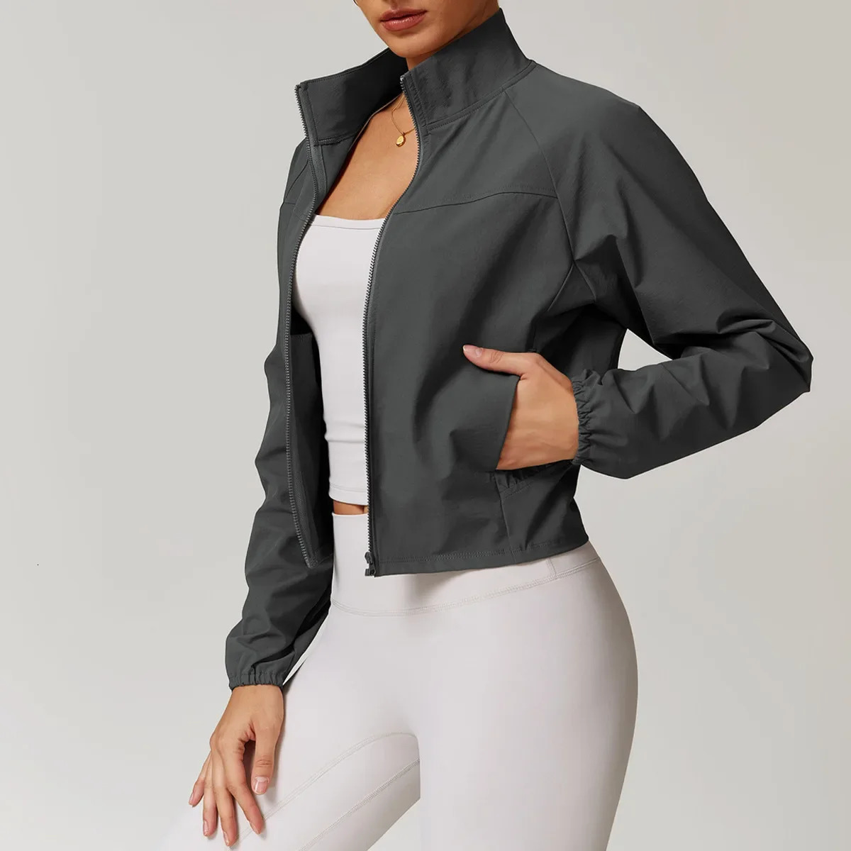 Sports jacket womens stand collar thin windproof outdoor running suit quick drying fitness long sleeved yoga top 250314