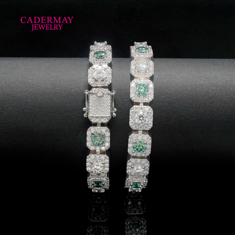 HipHop Jewelry 925silver 10mm Square Clustered Iced Out Green Mixed White Moissanite Bracelet Rock Candy Moissanite Tennis Chain