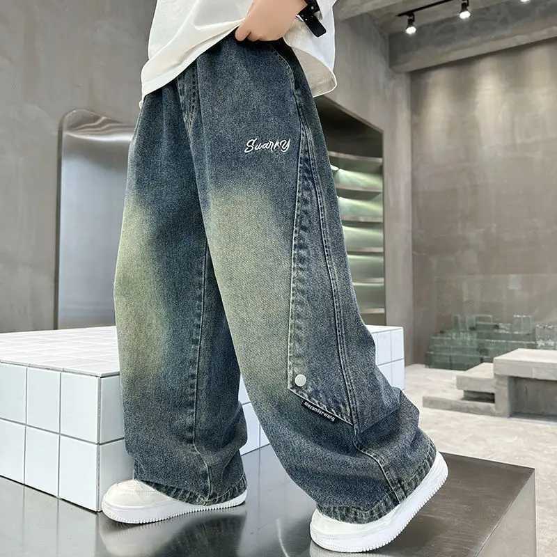 Teenage boys cargo jeans for spring and autumn new childrens wide leg denim pants large childrens straight spring jeans A78T250326