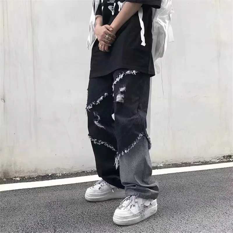 Korean fashion ripped jeans pants mens ripped hole Trouser casual soft fashion formal pockets straight denim TrouserT250319