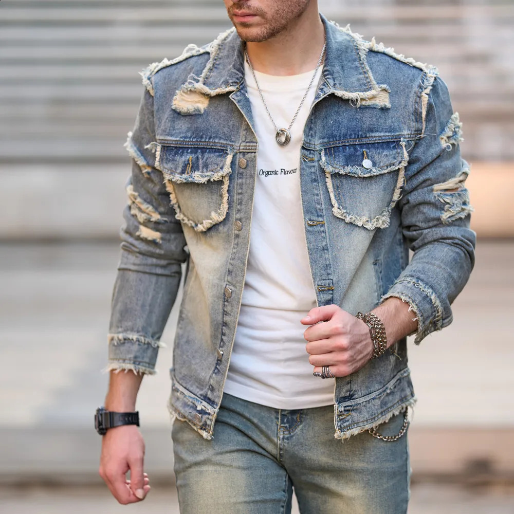 Men Autumn Streetwear Fashion Solid Ripped Slim Denim Jacket High quality Male Holes Casual Coat 250317