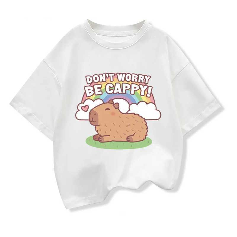Girls cotton T-shirt Capybara childrens clothing T-shirt summer printed cartoon short sleeved T-shirt childrens basic loose O-neck topT250320