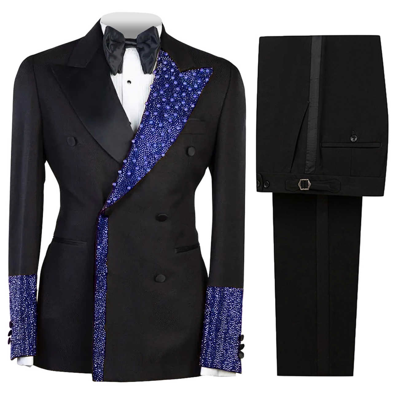 Modern Wedding Tuxedos Blue Beaded Men Suit Peaked Lapel 2 Piece Set Jacket Pants Party Groom Business Blazers Customized