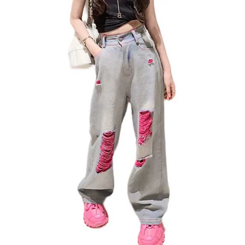 2024 Spring/Summer Teen Girls Denim Wide Leg Jeans Childrens Straight Hole Trouser Medium Girls Loose Breathable Solid PantsT250326