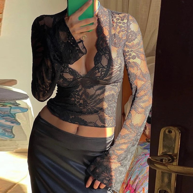 Women Y2k Lace See Through Tee Shirt Sexy Sheer Mesh Long Sleeve Crop Top Low Cut Floral Lace Slim Fit Shirt Summer Cover Ups 250320