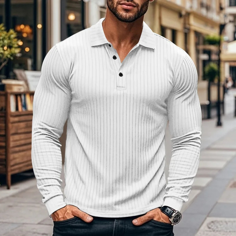 Cross border mens classic casual American lapel button long sleeved Tshirt elastic pit stripe polo shirt 250318