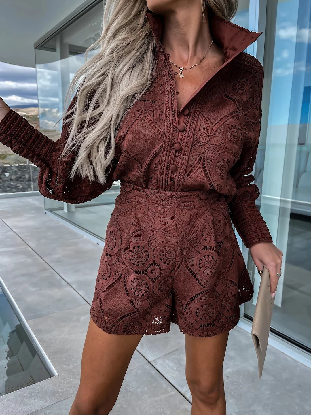 Summe 2piece womens set retro single chest white lace shorts long sleeved casual party 250320