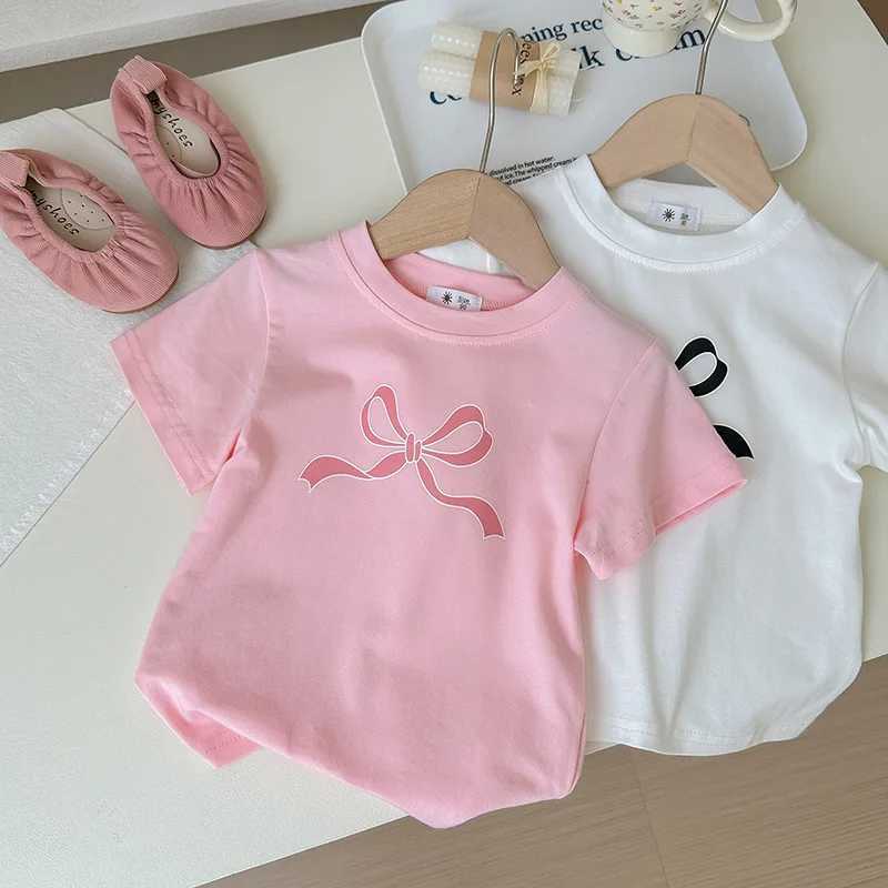 Girls short sleeved T-shirt bow childrens T-shirt top baby casual Korean version spring/summerT250320
