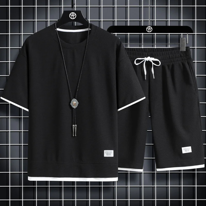 Summer Mens Waffle Sets Casual T-Shirt And Shorts Set Male Sports Suit Solid Color Tracksuit Loose Suits 250319
