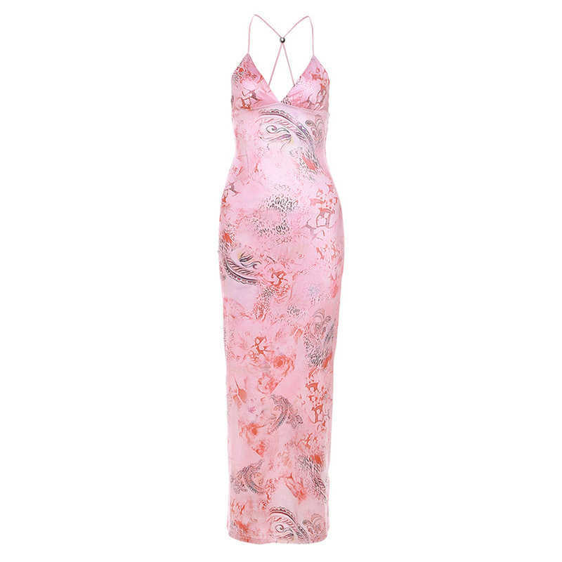 Summer Fashion Trend Women's New Hanging Neck, Open Back, Slim Fit Print, Wrapped Hip Dress 250315