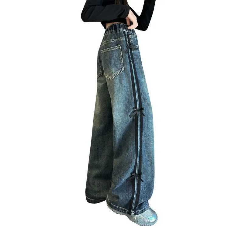 Girl Spring Autumn Side Stripe Bow Design Jeans Childrens Loose Straight Wide Leg Denim Trouser Teen Laundry 4-15YT250326
