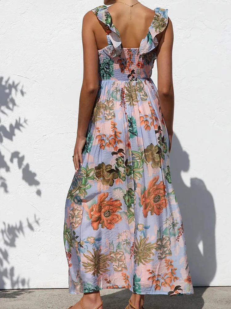 backless patch work simple party dress womens summer sleeveless deep Vneck Maxi printed fashionable 250317