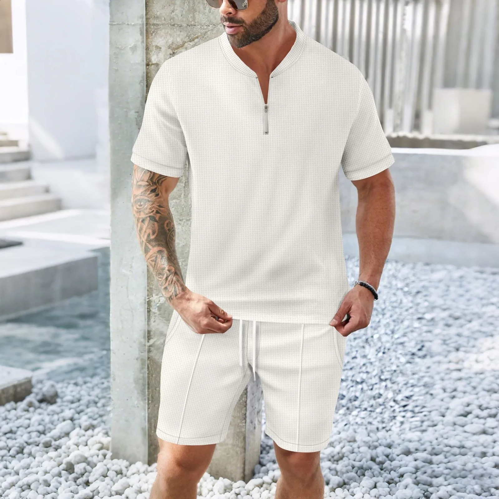 Summer Europe and the United States Mens Casual Waffle Solid Color Stand Collar Short Sleeve Shorts Two Sets 250319