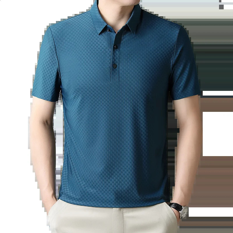 Trend Ice Silk Lapel Breathable Polo Shirt Grid Print Short Sleeves 2023 Summer Fashion Business Casual Mens TShirt 250318