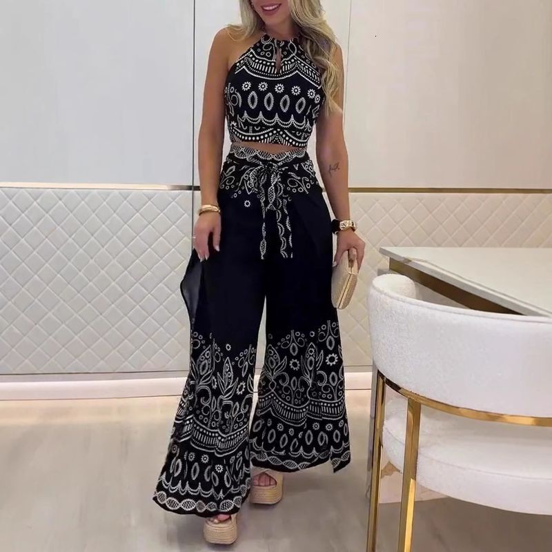 Womens Clothing Spring And Summer New Retro National Style Halter Top Wide Leg Pants Set