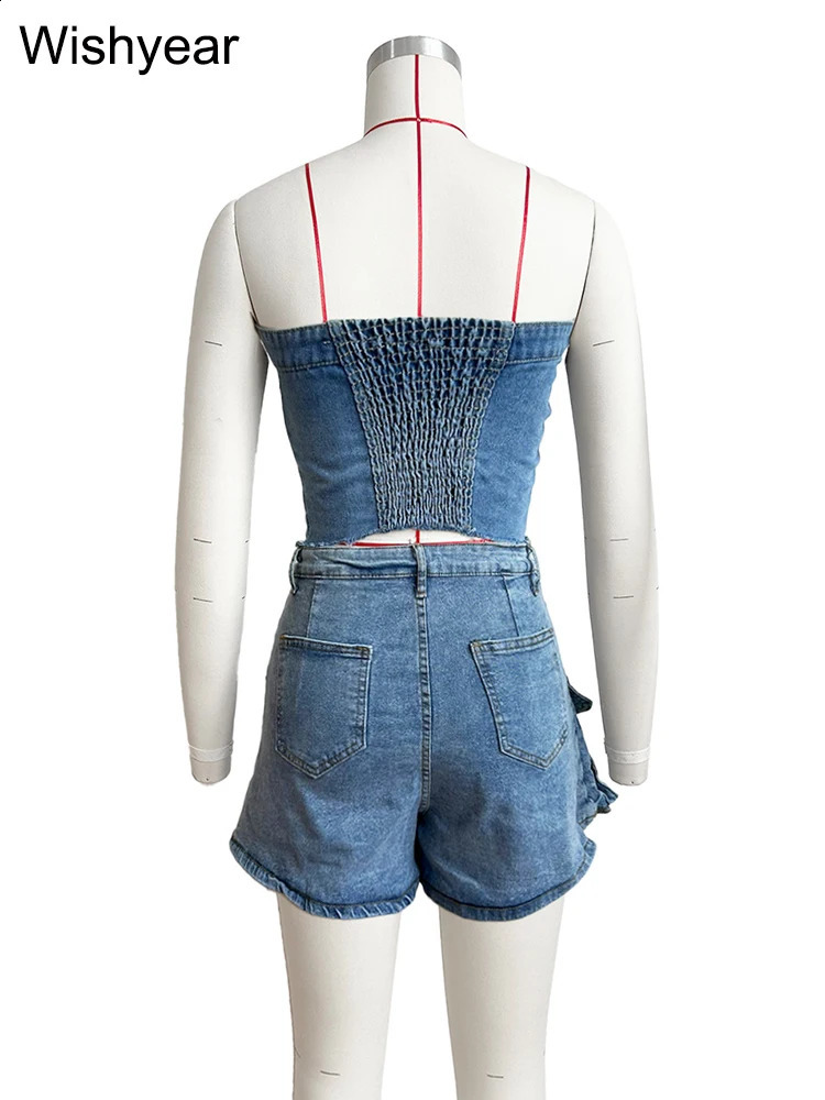 Fashion Pocket Irregular Shorts and Tube Tops 2 Two Piece Sets Denim Stretch Women Summer Birthday Club Outfit Female Streetwear 250319