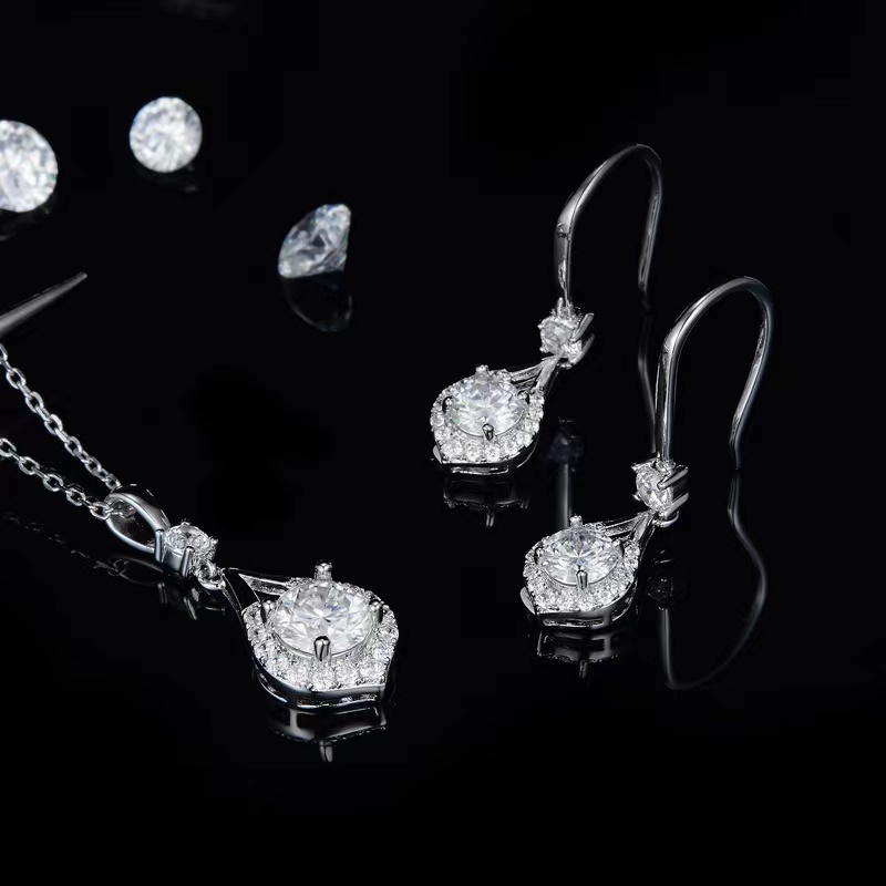 Trendy White Gold Plated Silver 925 1ct D Color VVS1 Moissanite Necklace Drop Earrings Jewelry Sets for Women Anniversary Gift