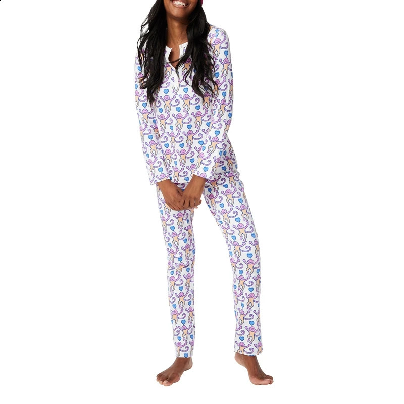 Women Matching 2 Piece Pajama Set Long Sleeve O Neck Button Up T-Shirt Tops Cartoon Animal Pattern Print Pants Female Sleepwear 250319