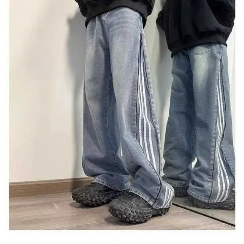 American style retro mens jeans loose fit straight leg casual trend brand with three stripes embroidered clock bottomT250319