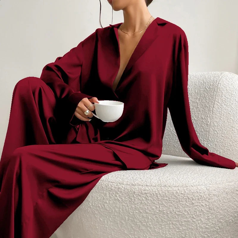 Sexy Low Cut Fashion Pajamas Set For Women Loose Casual Long Sleeve Trouser Suits Satin Silk Female Home Fitted Tops 2-Piece Set 250319
