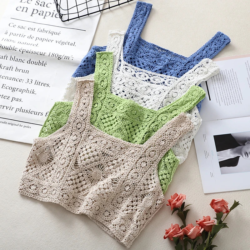 Square Collar Cotton Crochet Tank Top Sexy Knitted Hollow Out Mesh Vest Crop Top Women Femme Vintage Backless Short Tops Female 250320