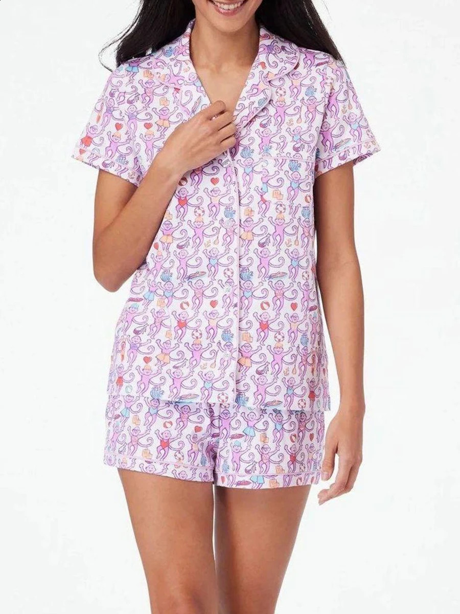 Women Pajama Set 2 Piece Set Monkey Cartoon Print Short Sleeve Button Closure T-Shirt Shorts Home Sleepwear Matching Outfits 250319