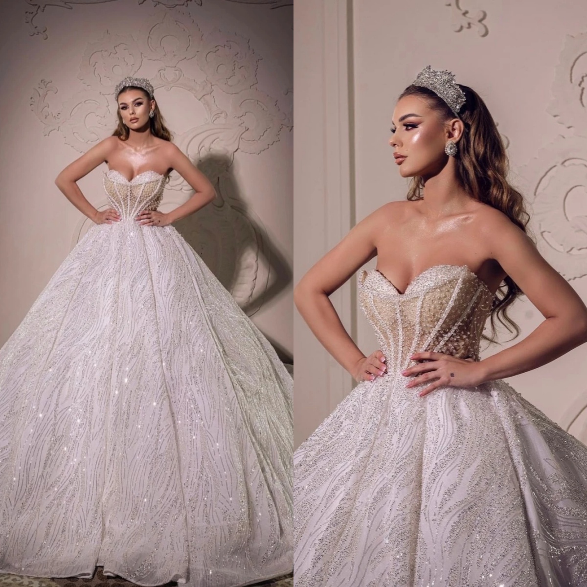 Designer Women Wedding Sweetheart Neck Sleeveless Backless Bridal Gowns Sequins Sweep Train Dress Custom Made