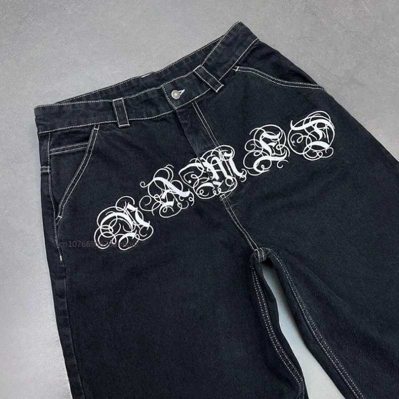 Black cotton jeans womens new dark personality pattern printed straight pants loose autumn and winter street couple jeansT250319
