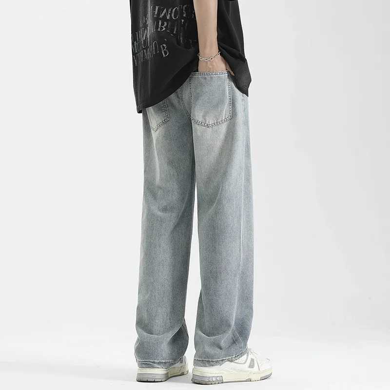 Summer thin mens loose jeans with wide legs fashionable Korean style brushed straight retro washed denim pants streetwear mens TrousersT250319