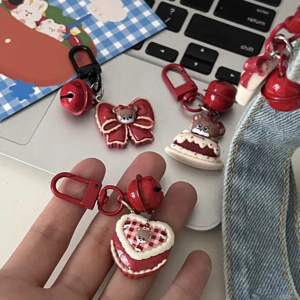 Vintage Berry Red Cartoon Bear Resin Keychain Cute Bear Cake Cherry Bell Keychain Womens Bag Charm Earphone Pendant Small GiftXJ250319
