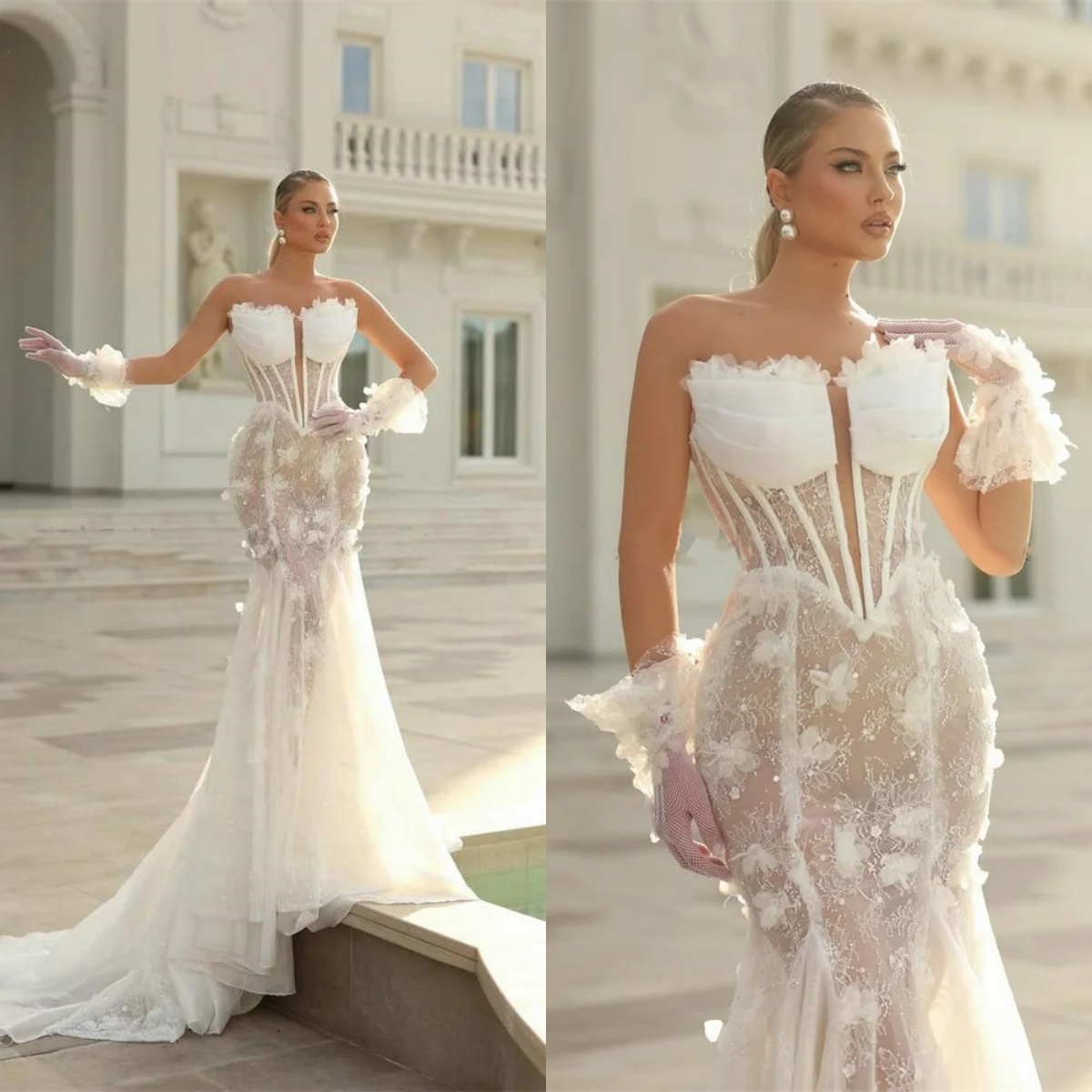 Classic Mermaid Wedding Dress Strapless Sleeveless Bridal Gowns Sequins Appliques Sweep Train Dresses Custom Made vestidos de novia