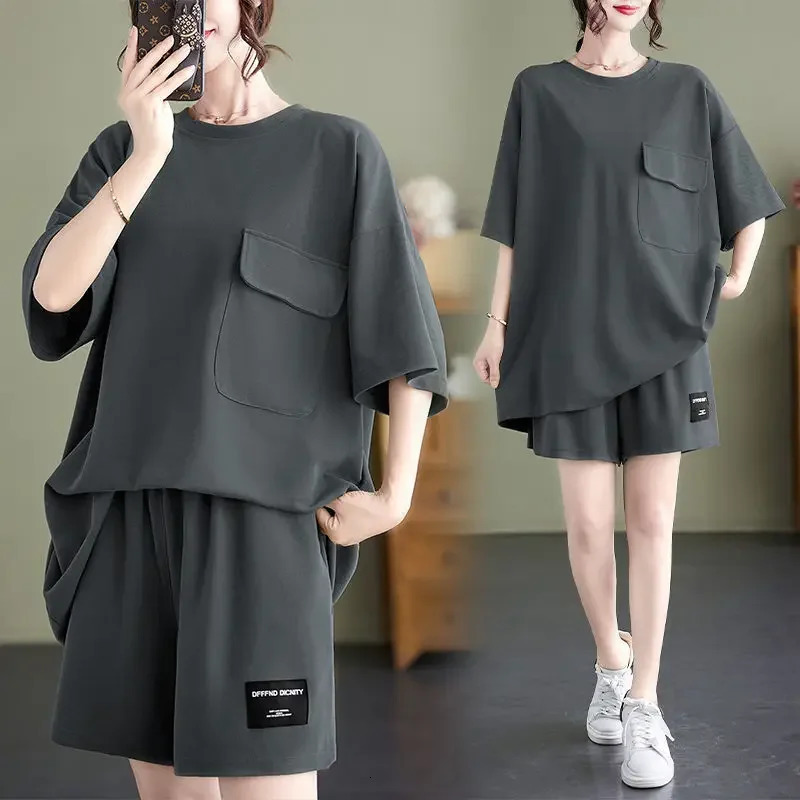 Plus Size Summer Loose-fit Womens Sports Shorts Set Casual T-shirt 2-piece Versatile Solid Color Simple n 250320